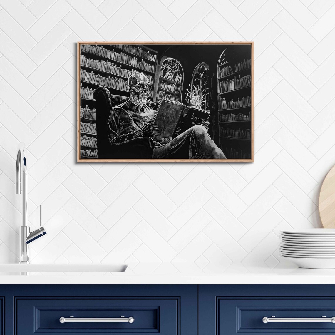 Skeleton Reading Book In Armchair Inside Dark Library Halloween Ink Poster - Image 3