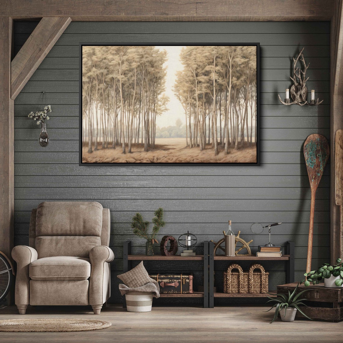 Beige Grove Of Tall Trees Neutral Walkway Forest Nature Art Print - Image 3