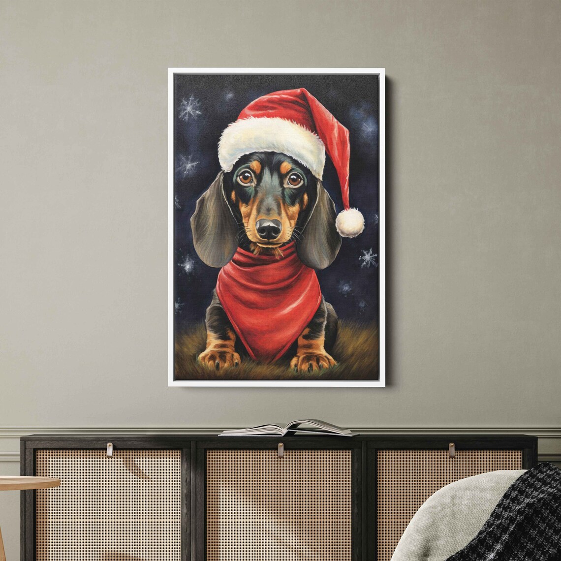 Dachshund Wearing Santa Hat Red Scarf Christmas Portrait Poster - Image 4