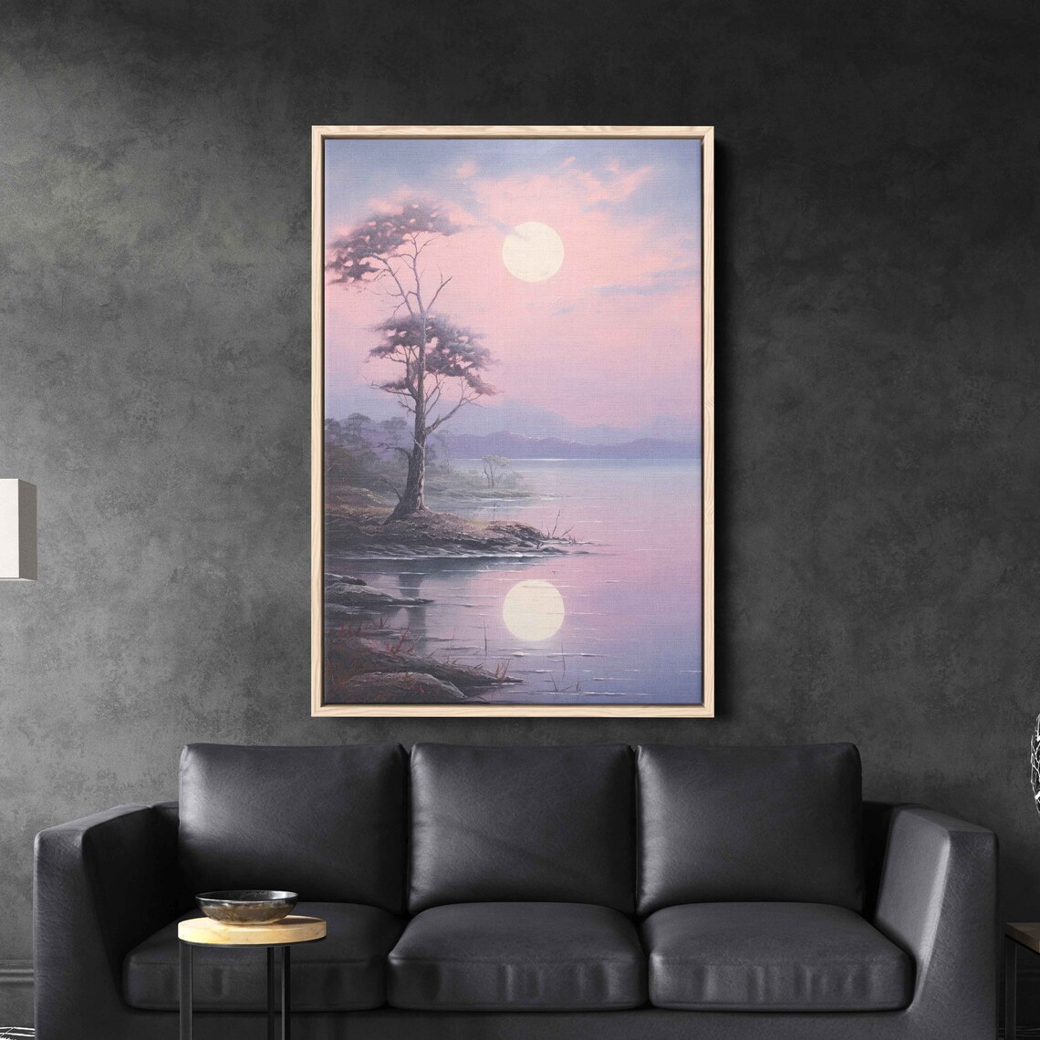 Moonlit Tree On Lake Coast Wall Art Print Moon Reflection Foggy Skies Ready To Hang - Image 2