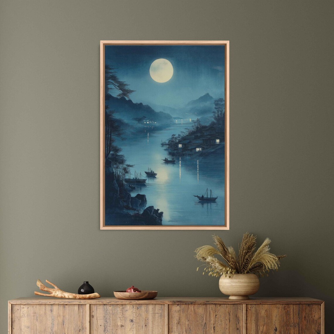 Moonlit Night Over Tranquil Lake, Romantic Ukiyo-E