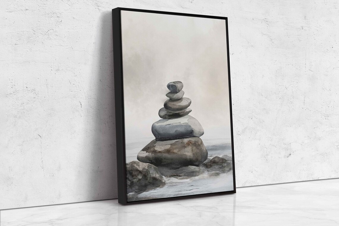 Tall Zen Stone Cairn Balanced Rocks Still Water Minimalist Wall Print - Image 4