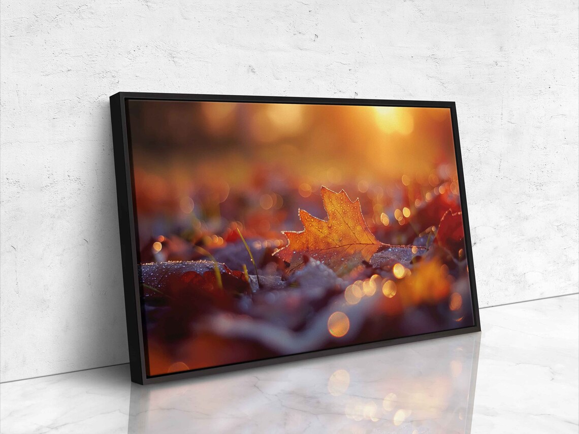 Dew Covered Leaf At Sunrise With Golden Bokeh Fall Photo Poster - Image 4
