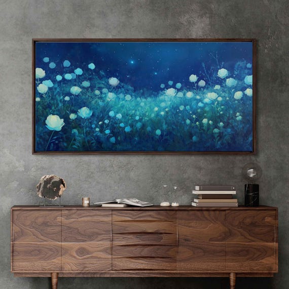 Dreamlike Neon Flowers Field Wall Art Print Starry Night Magical Atmosphere