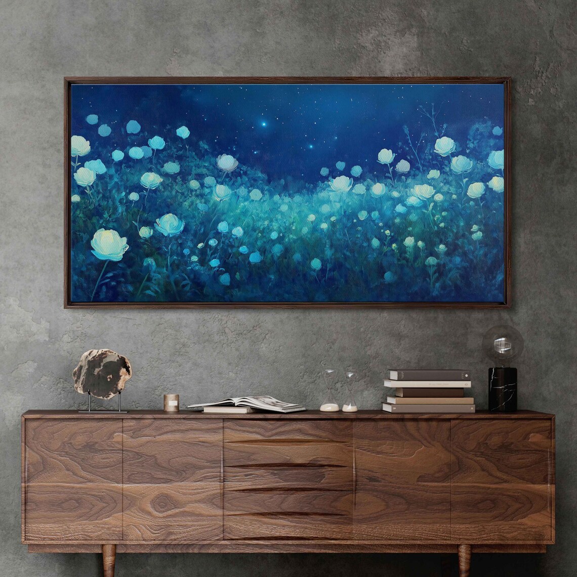 Dreamy Moonlit Night Flower Field Under Starry Sky Art Poster