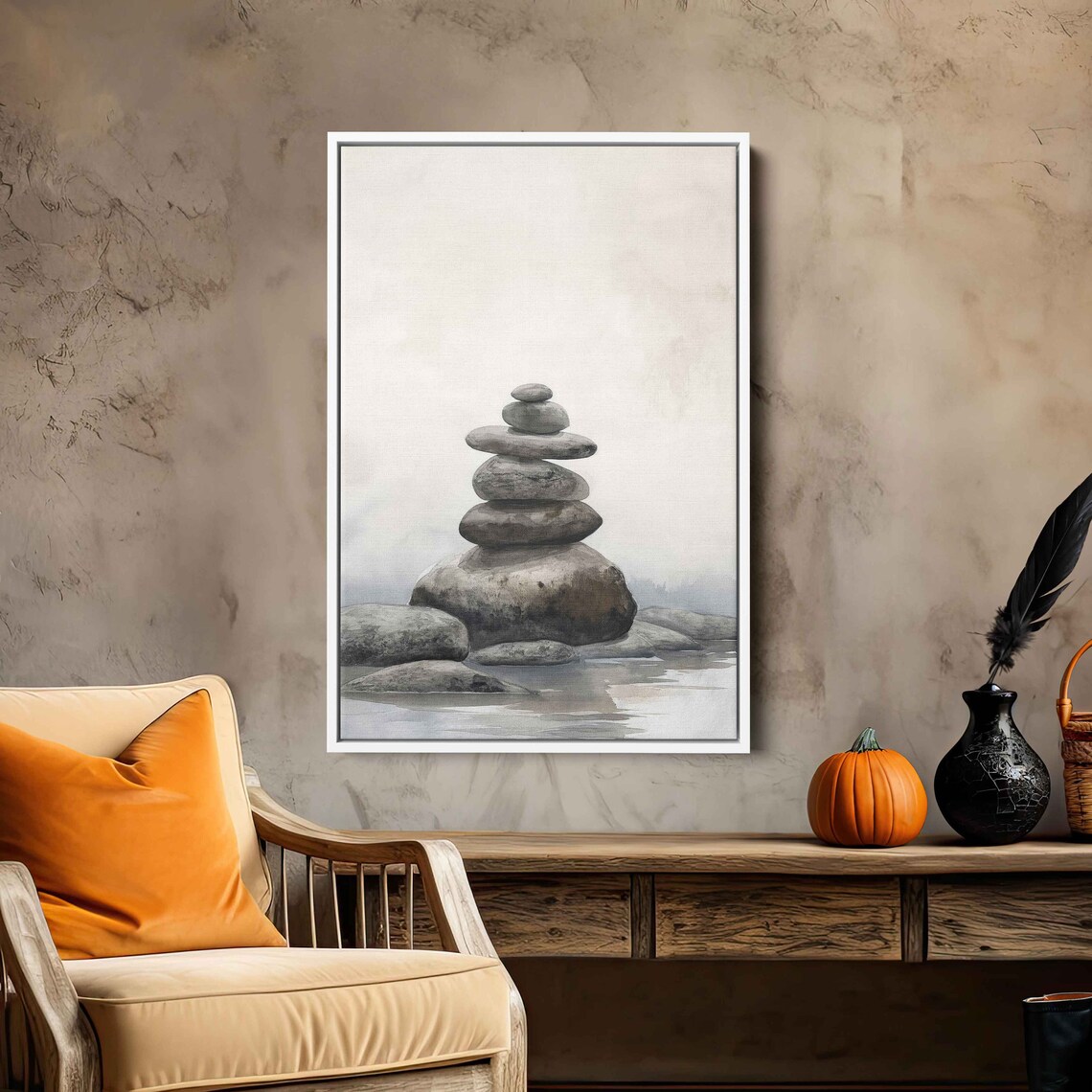 Balanced Stone Cairn Zen Rock Stack Calm Water Minimalist Painting Print - Image 2