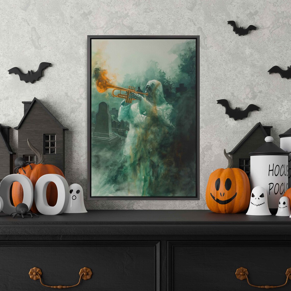 Ghostly Musician Playing Trumpet Misty Green Graveyard Poster - Image 3