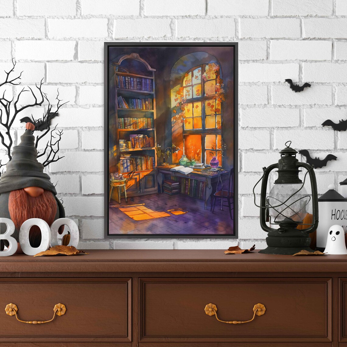 Cozy Library Reading Corner Arched Window Bookshelves Watercolor Poster