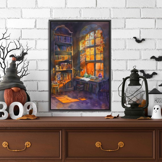 Whimsical Witches Magical Library With Light Shining Through Glass Watercolor Wall Art Print Ready To Hang