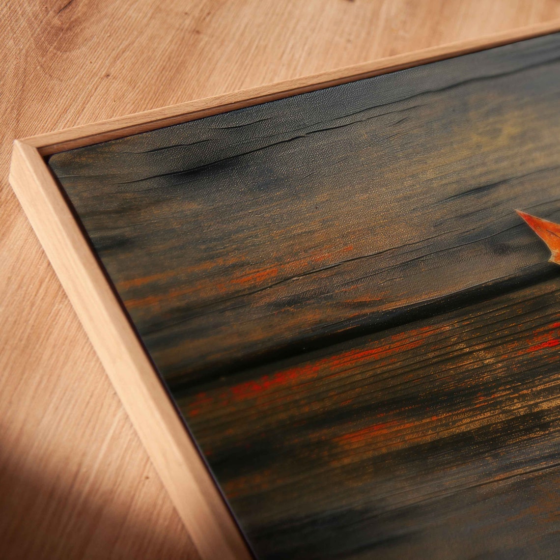 Single Maple Leaf On Dark Rustic Painted Wood Fall Decor Art Poster - Image 2