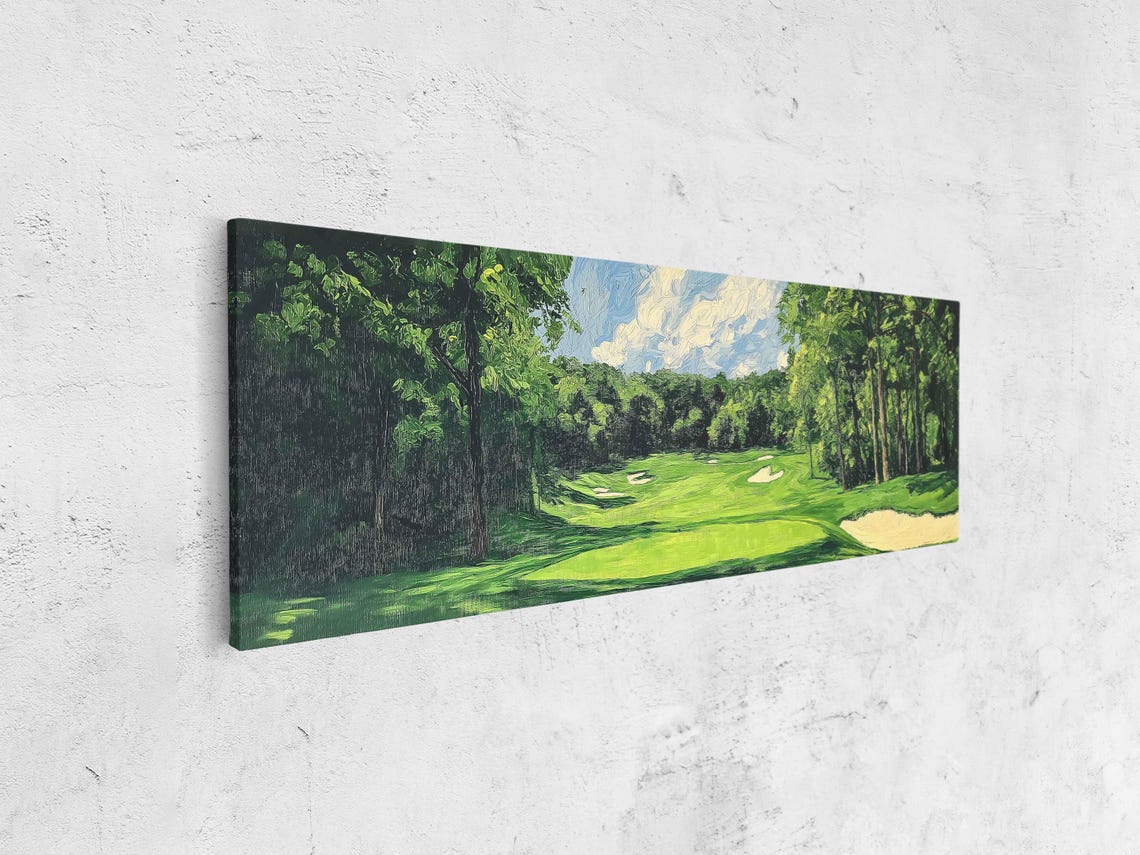 Tree Lined Golf Fairway Green Grass Sand Bunkers Painting Poster - Image 4