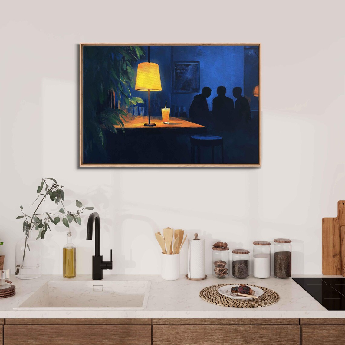 Moody Bar Corner Night Painting Silhouetted Friends Lamplight Poster - Image 3