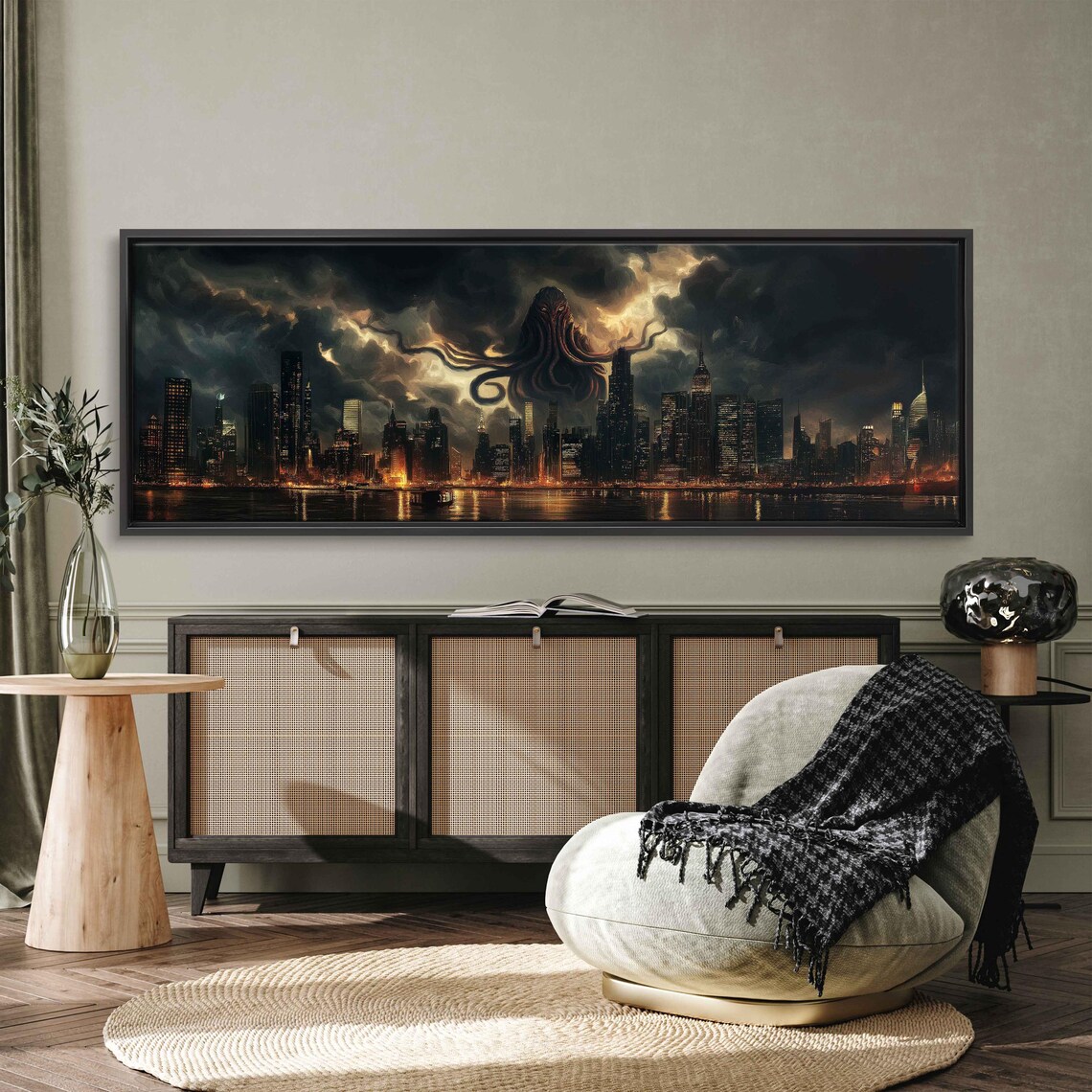 Cthulhu Over City Skyline, Dark Clouds Reflections - Image 3