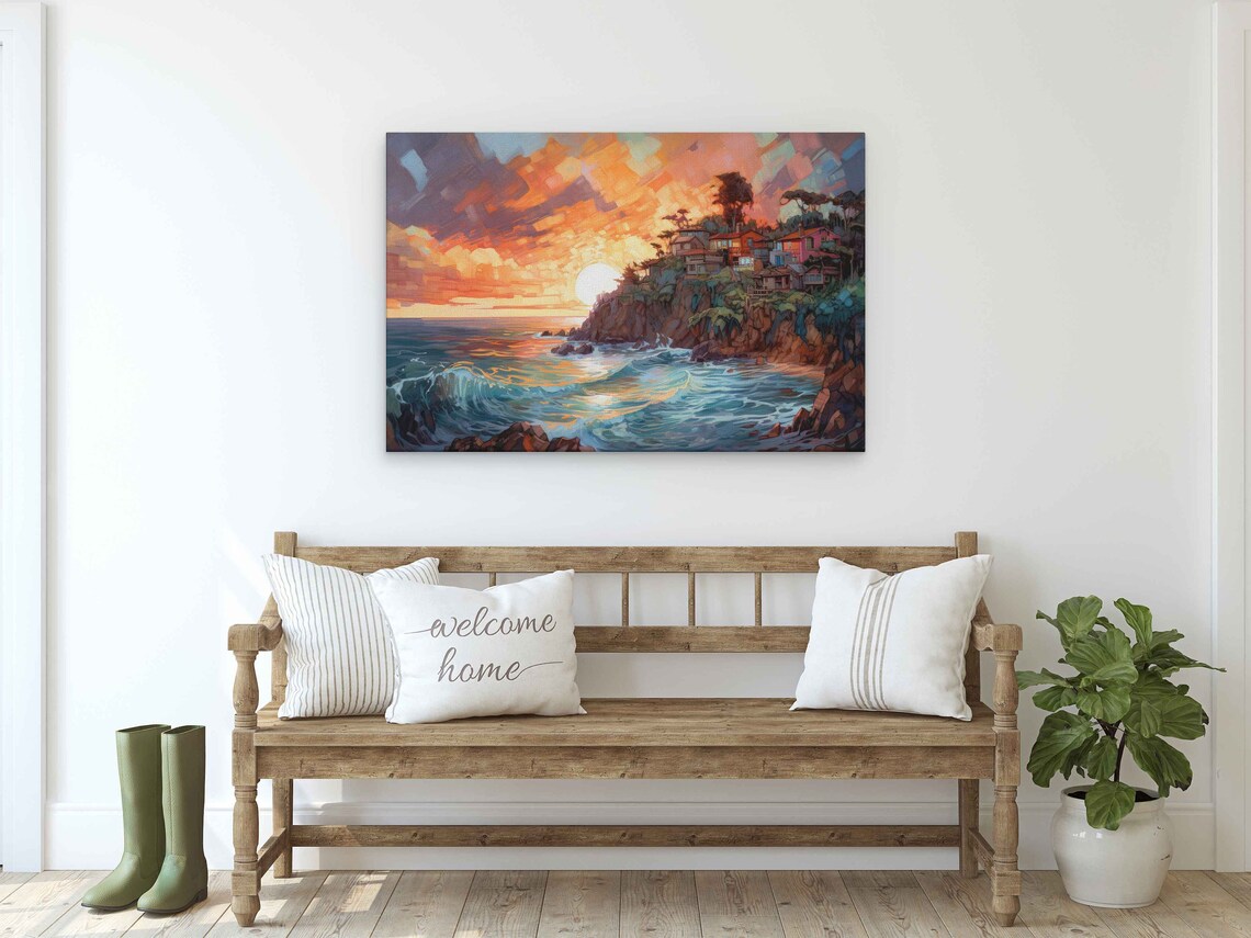 Seaside Cliff Village Golden Sunset Surf Ocean Painting Poster - Image 2