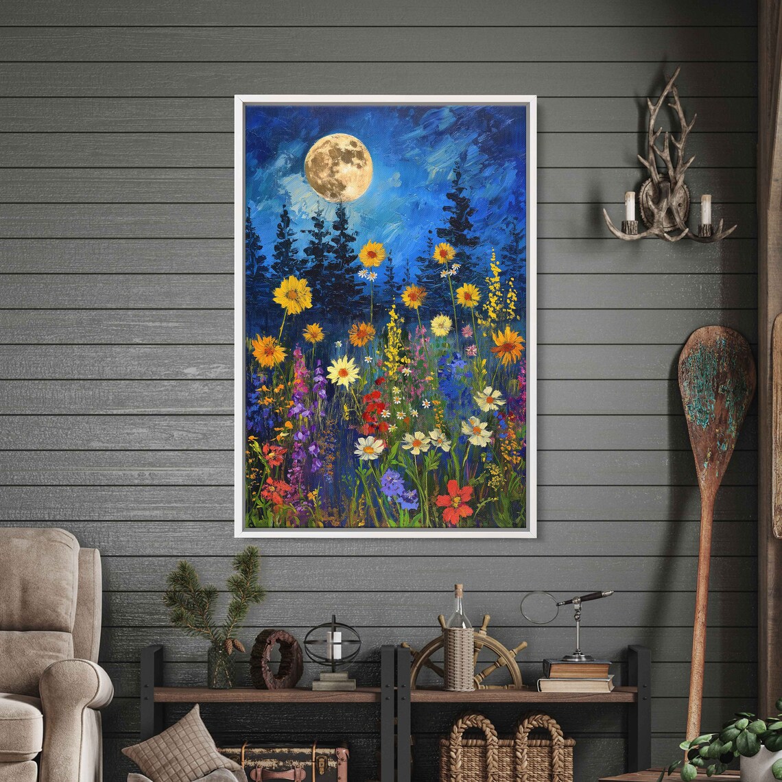 Full Moon Vibrant Wildflower Field Starry Night Meadow Painting Art Poster - Image 2