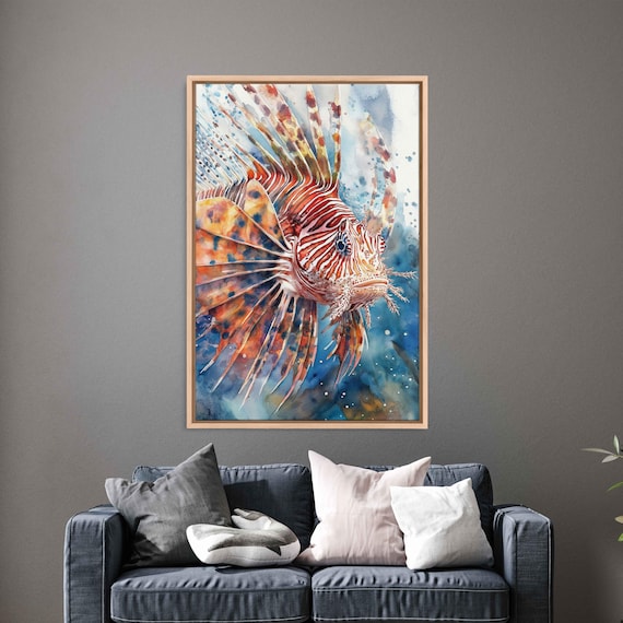 Lionfish Close Up Striped Fins Vibrant Watercolor Ocean Art Poster