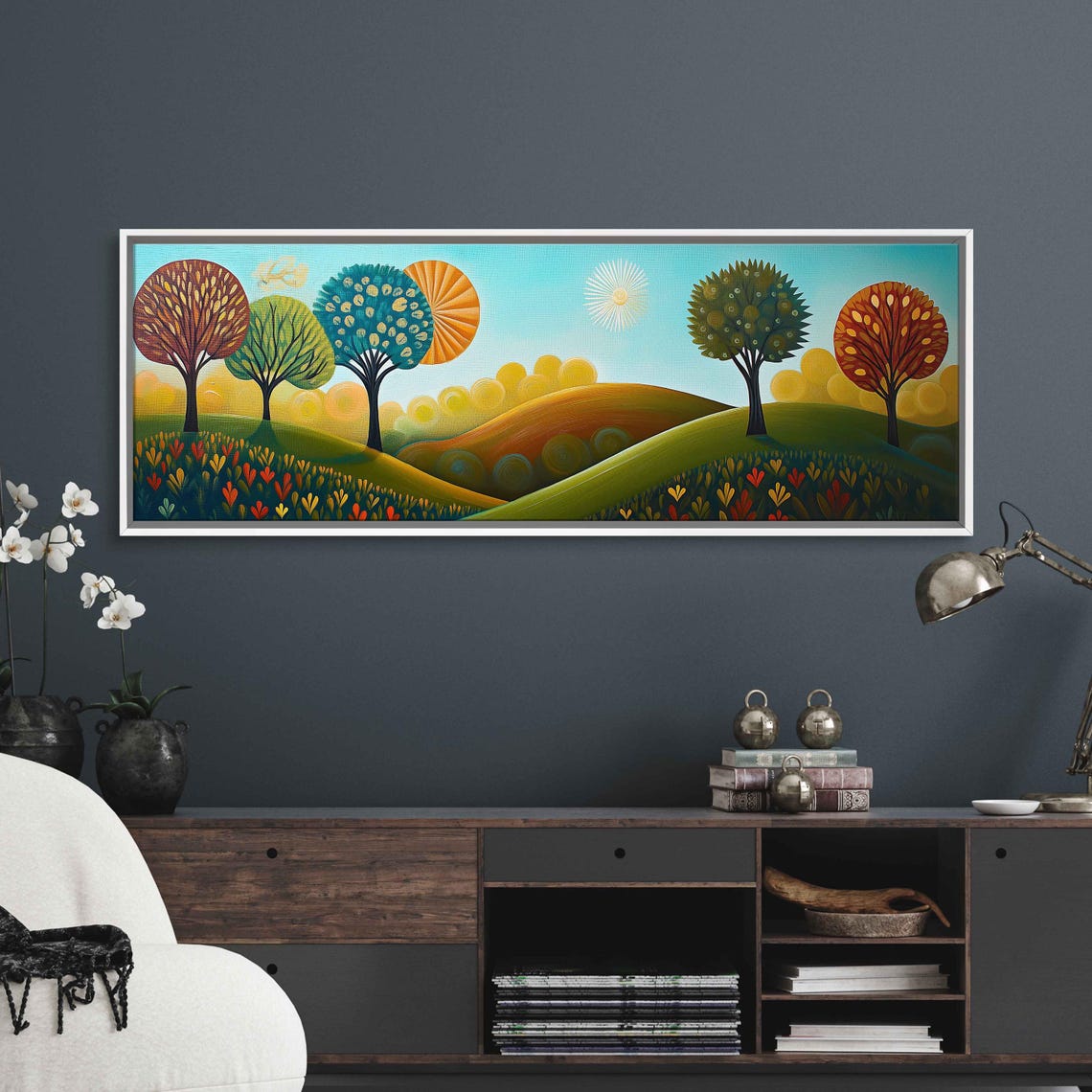 Art Deco Landscape Wall Art Print Enchanting Oil Painting Vibrant Colors Stylish Trees Sunbursts