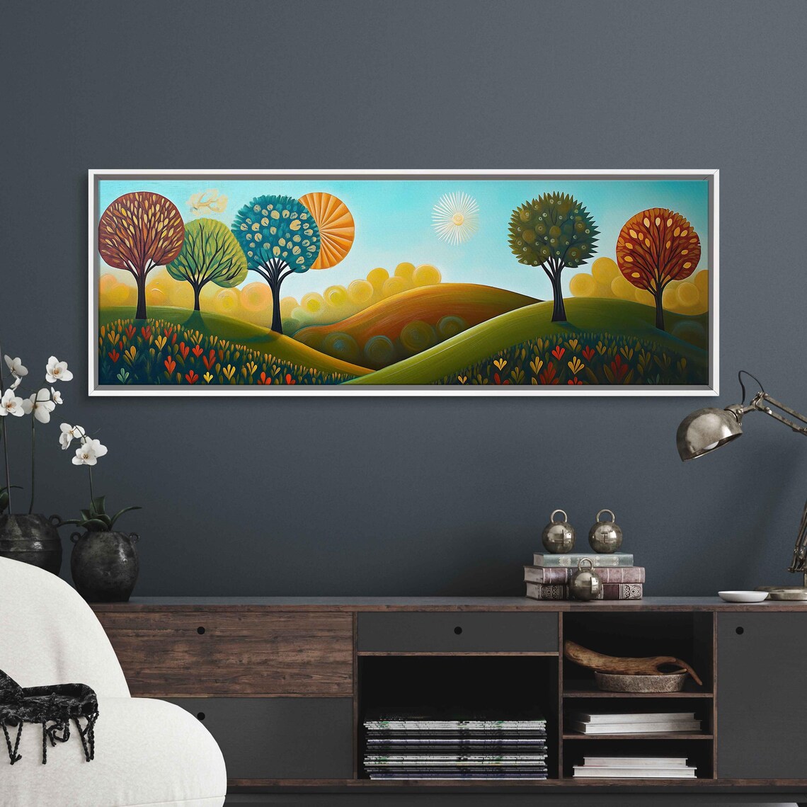 Whimsical Folk Art Landscape With Round Trees And Hills Art Poster