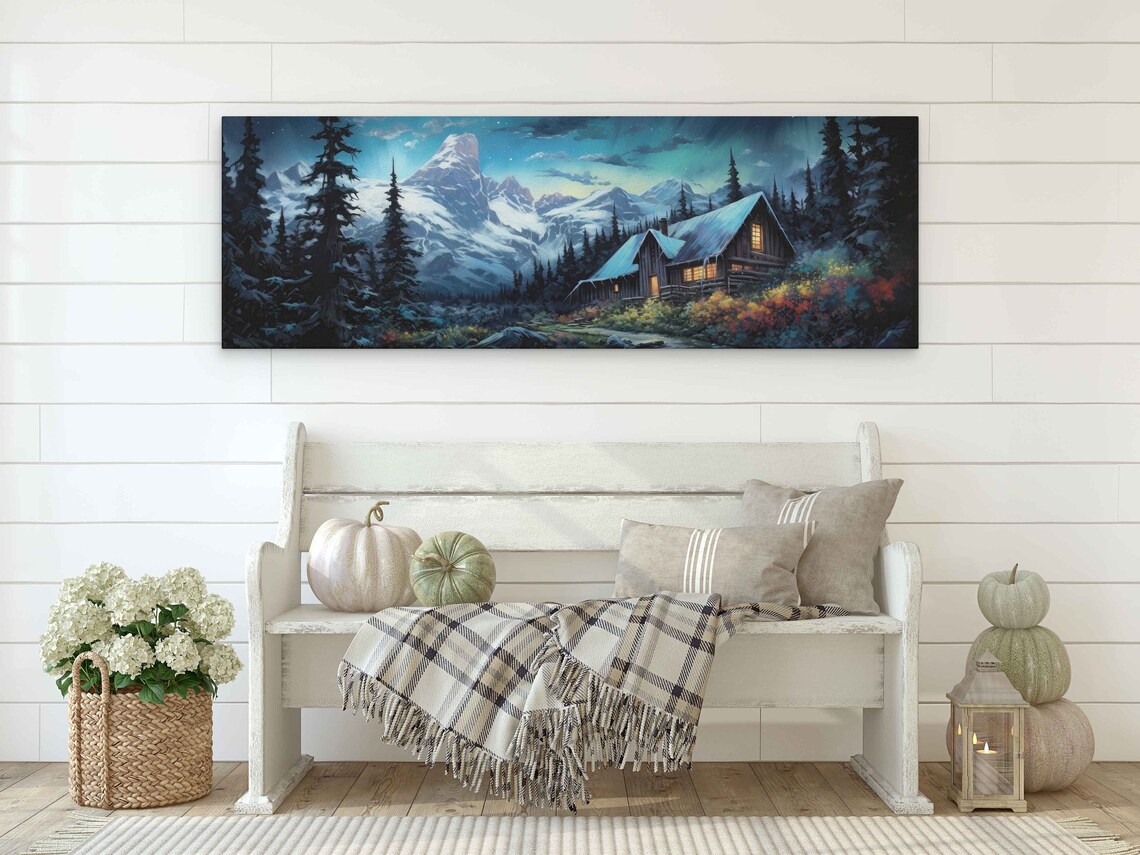 Snowy Mountain Cabin Teal Starry Night Sky Aurora Glow Winter Art Poster - Image 2