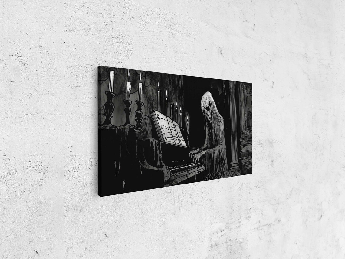 Hooded Skeleton Playing Grand Piano In Candlelit Crypt Gothic Ink Poster - Image 4