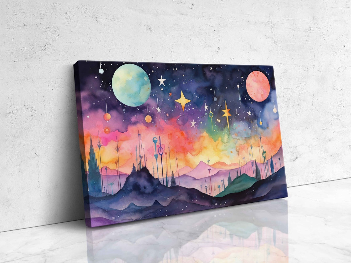 Starry Celestial Mountains With Hanging Stars And Twin Moons Print - Image 4