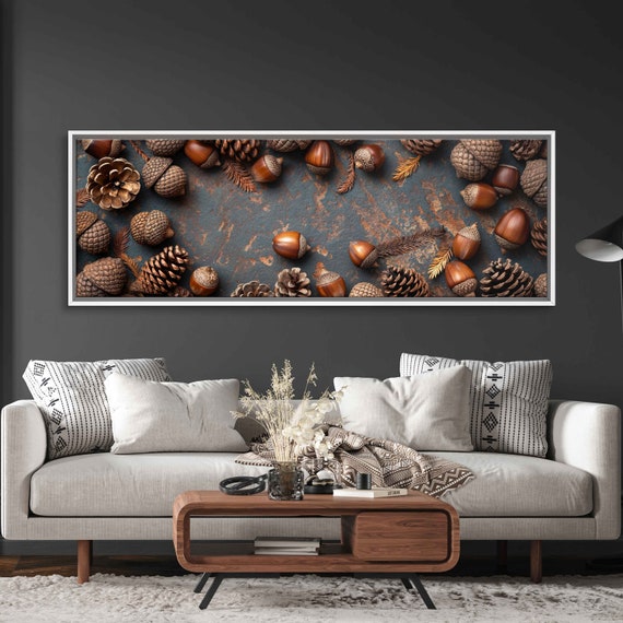 Acorns And Pinecones Resting On Stone Slab Wall Art Print Rustic Photo Nature Photo Cottage Wall Art Ready To Hang