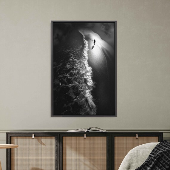 Lone Walker On Night Beach Aerial View With Waves Black White Art Print