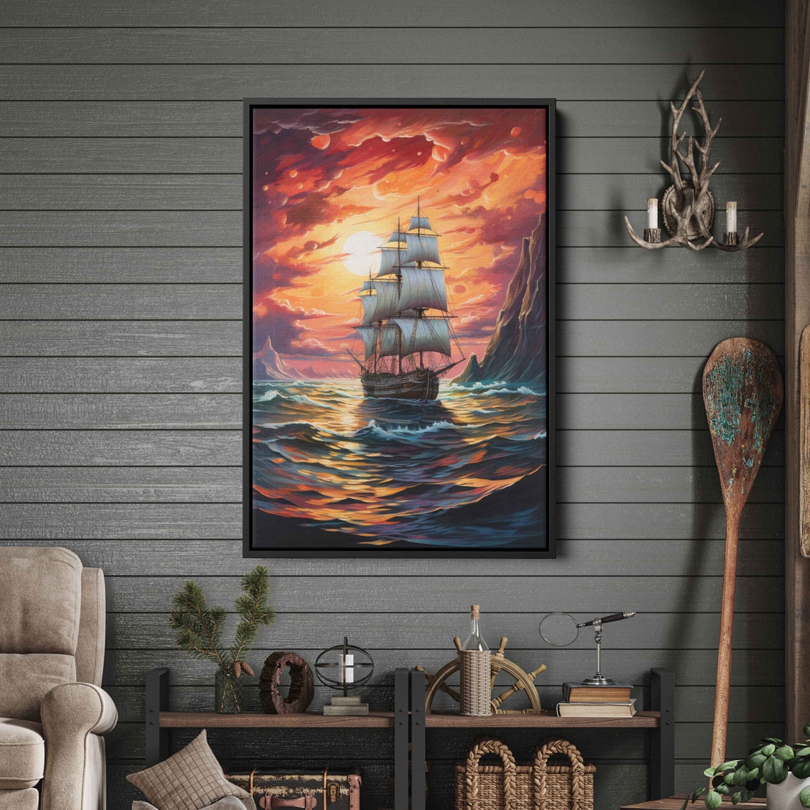 Tall Ship Ocean Sunset Dramatic Cliffs Impressionist Painting Poster - Image 3
