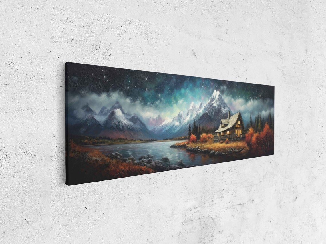 Log Cabin by Alpine Lake Starry Aurora Night Snowy Peaks Poster - Image 4