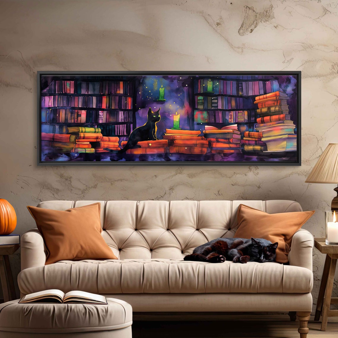 Black Cat Sitting Among Colorful Bookshelves Candlelight Poster - Image 3
