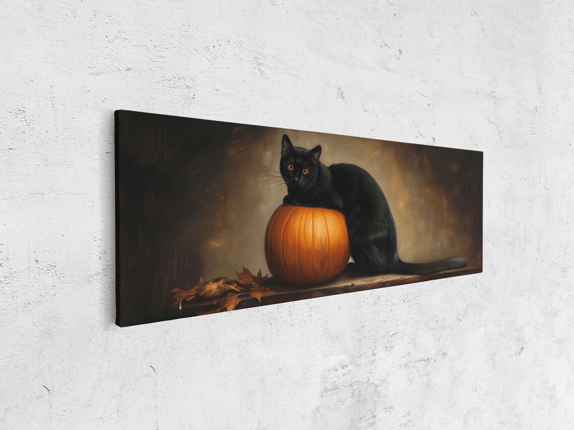 Black Cat Draped Over Pumpkin Vintage Oil Painting Halloween Wall Art - Image 4