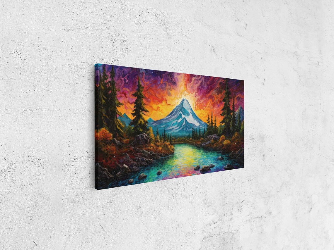 Colorful Neon Volcano Painting Framed Print Ready To Hang Mountain Range Art - Image 4