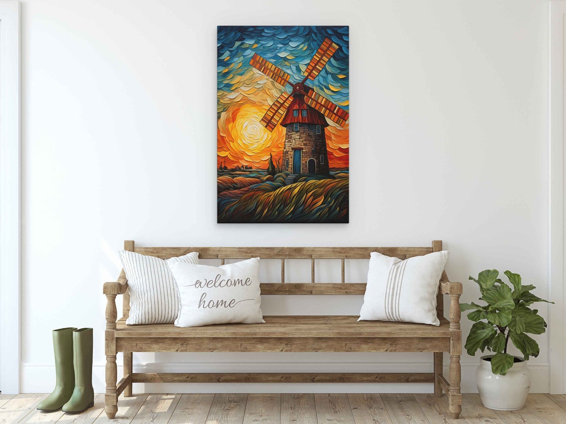 Van Gogh Inspired Windmill Painting Palette Knife Framed Print Ready To Hang - Image 2