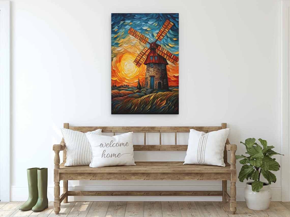 Van Gogh Inspired Windmill Painting Swirling Sunset Starry Sky Poster - Image 2