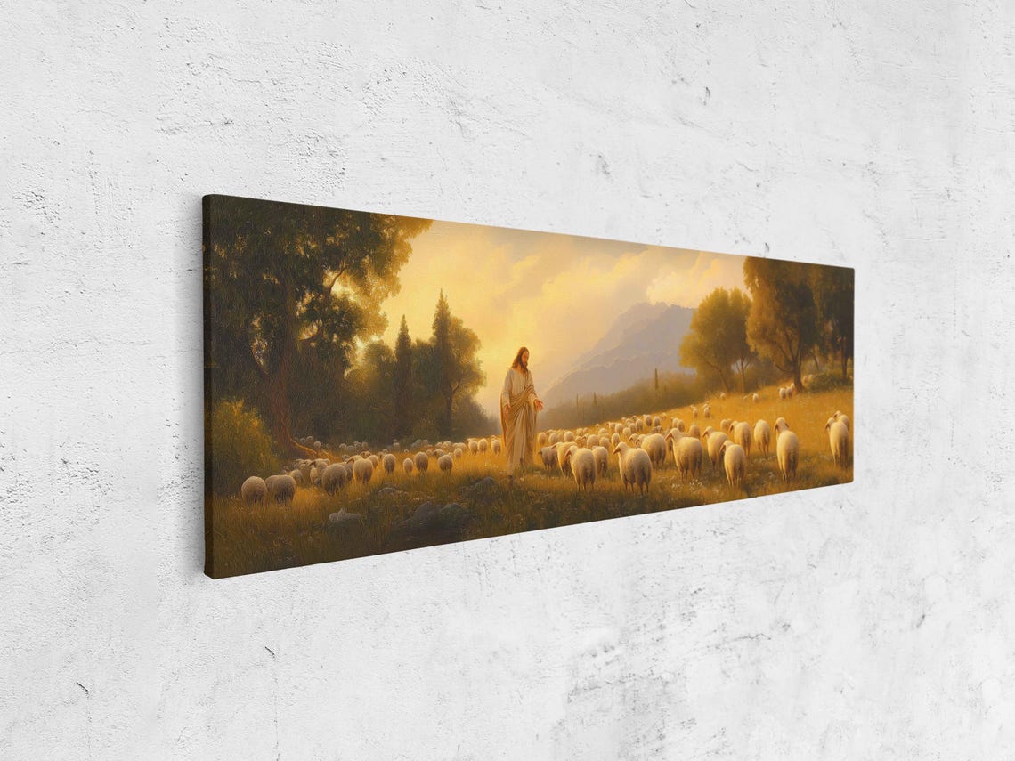The Good Shepherd With His Flock At Sunset Panoramic Religious Poster - Image 4