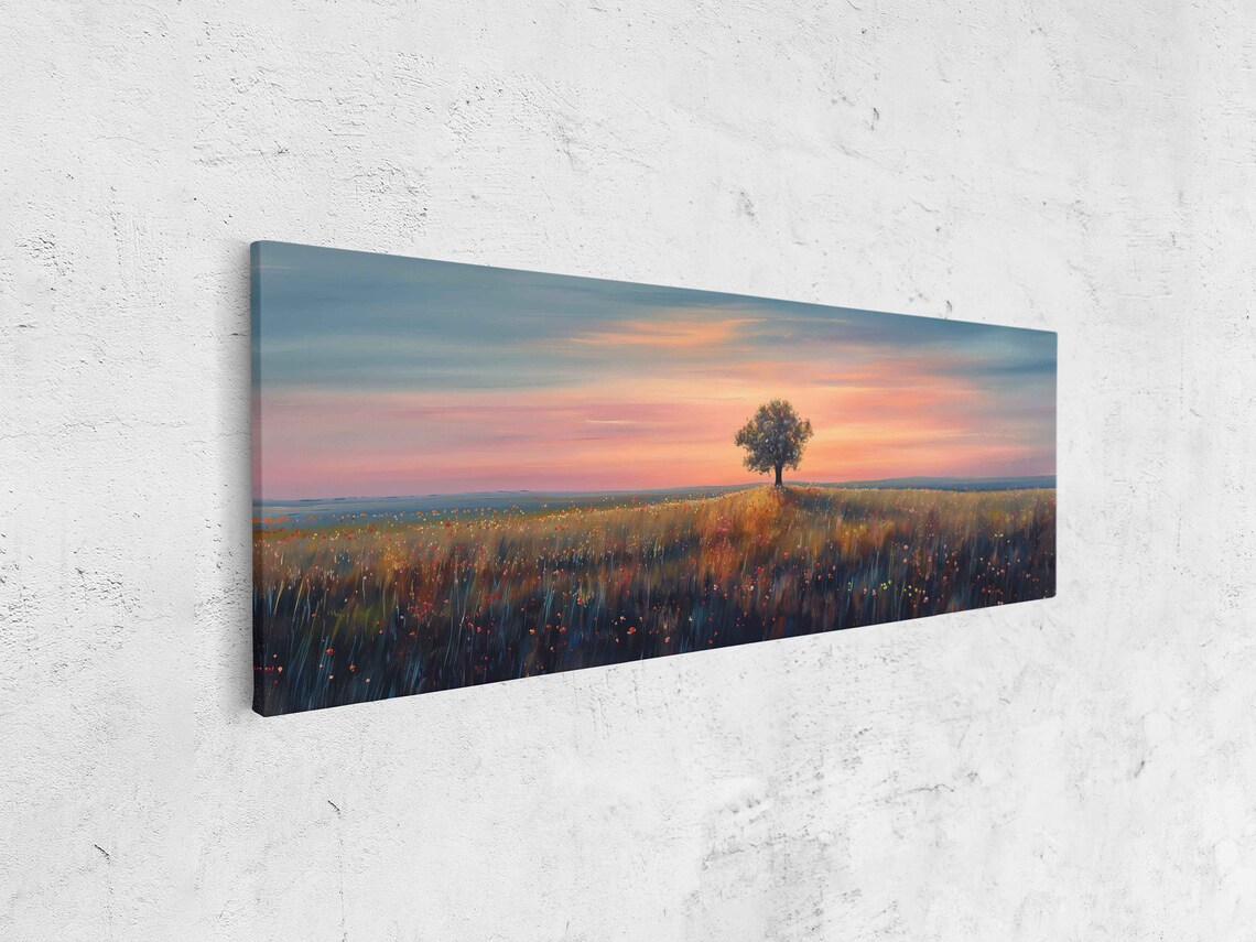 Minimalistic Serene Meadow Landscape Panoramic Wall Art Print Lone Tree In Grassland Nature Painting Ready To Hang - Image 4
