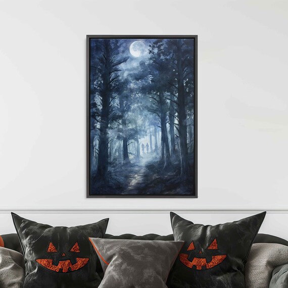 Ghostly Figures Walking Moonlit Foggy Forest Night Spooky Art Print