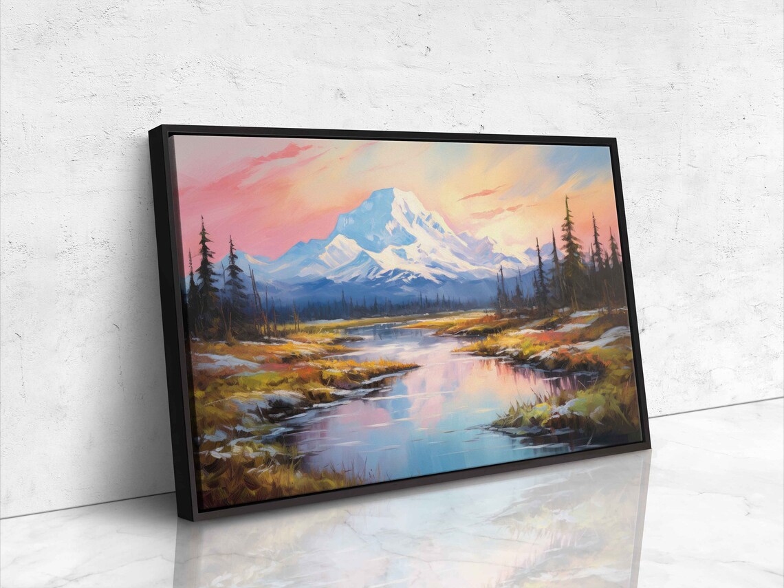 Lone Snowy Peak Sunset Pink Sky River Reflection Landscape Painting Poster - Image 4