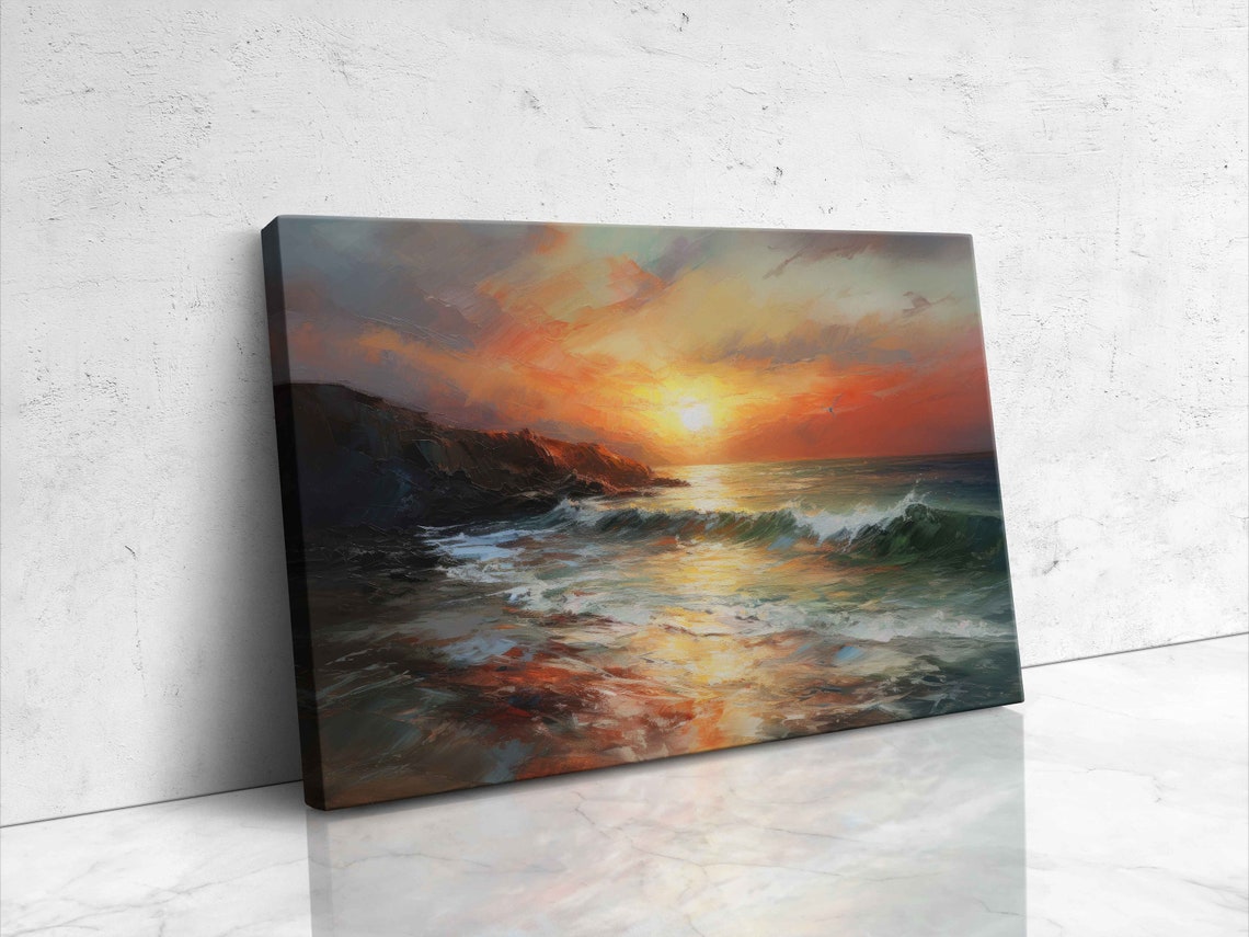 Fiery Ocean Sunset Over Rocky Shore Golden Reflection Painting Poster - Image 4