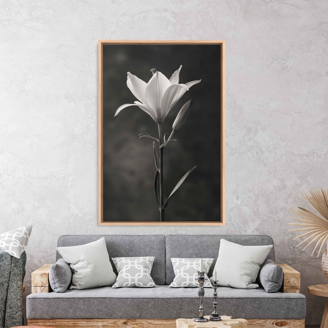White Lily Flower Black And White Dark Background Floral Art Print - Image 3