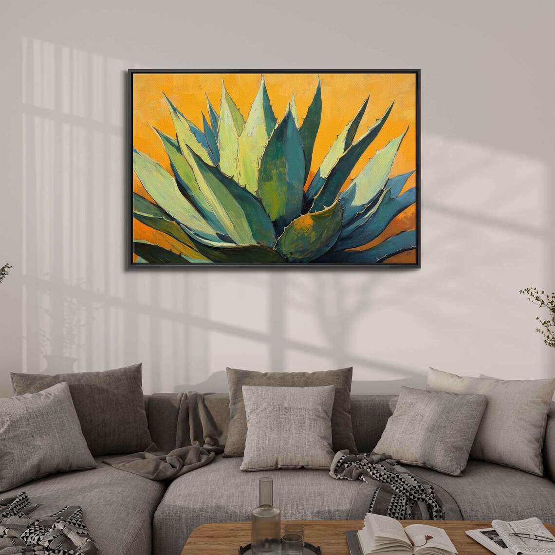 Agave Close Up Geometric Green Yellow Leaves Orange Background Poster