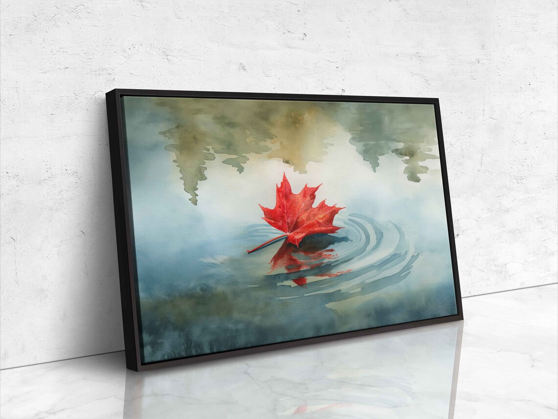 Red Maple Leaf Floating On Calm Pond With Ripples Watercolor Poster - Image 4
