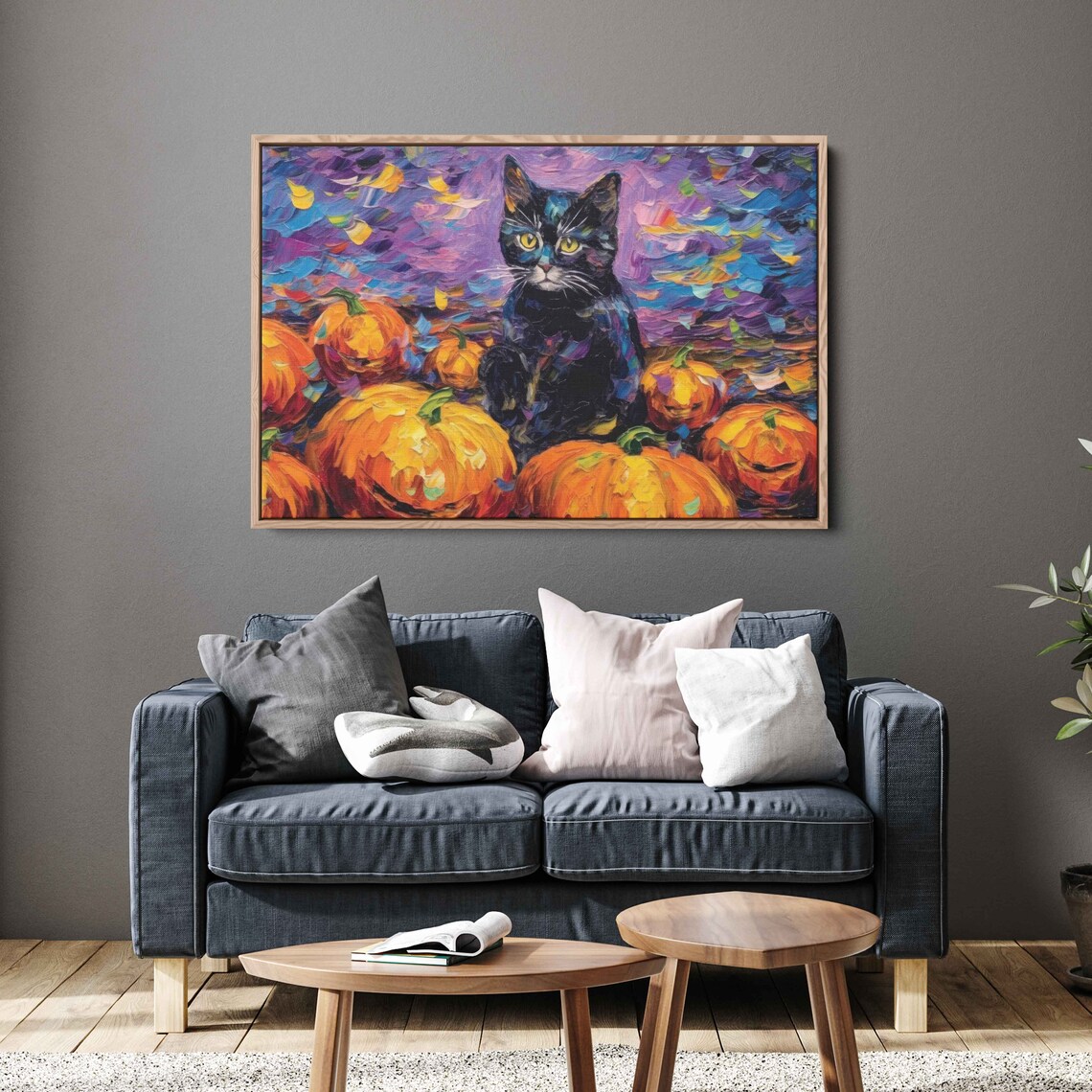 Black Cat Autumn Pumpkins Impressionist Brushwork Whimsical Halloween Art Print - Image 4