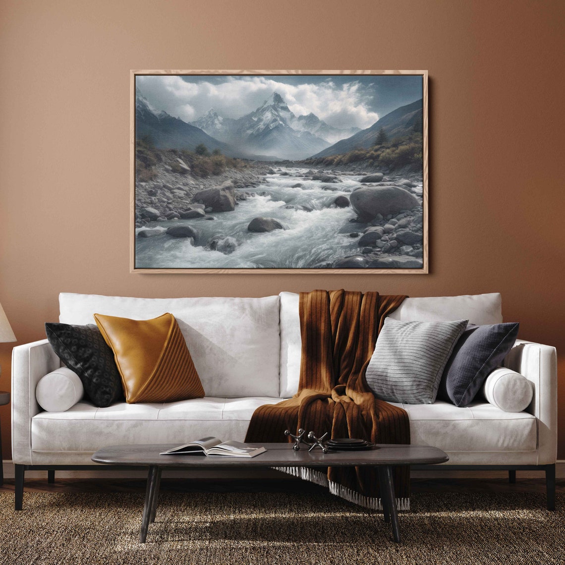 Rocky Mountain River White Water Rapids Snowy Peaks Cloudy Sky Poster - Image 3