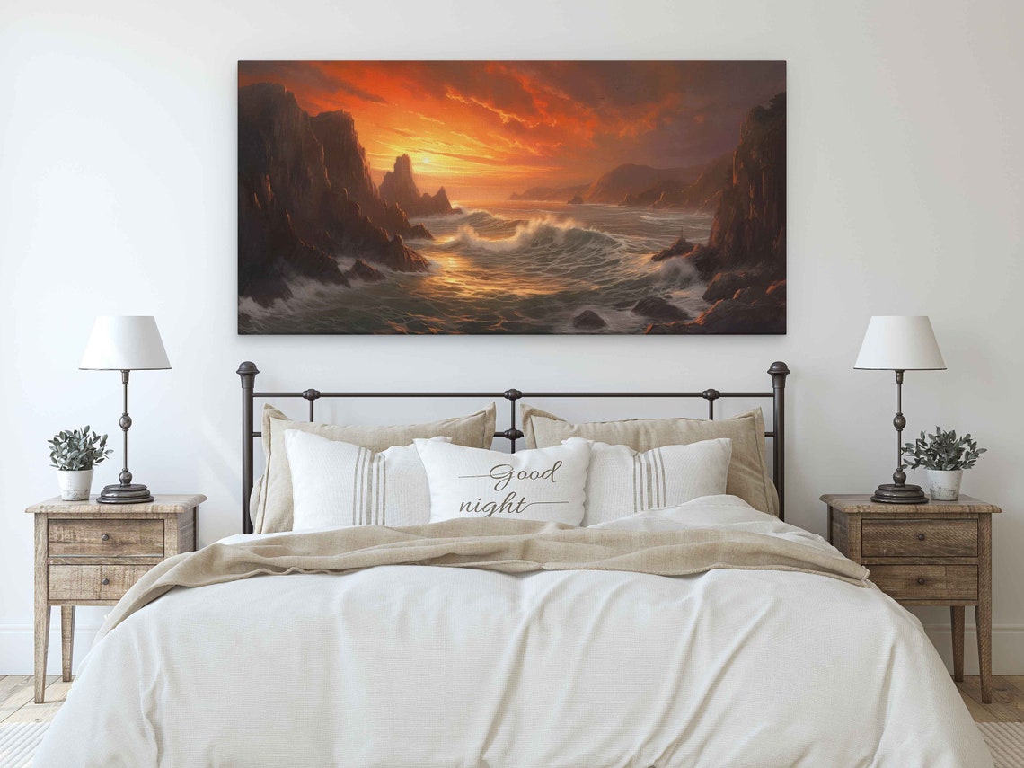 Golden Sunset Waves Breaking Between Rocky Cliffs Seascape Art Poster - Image 3