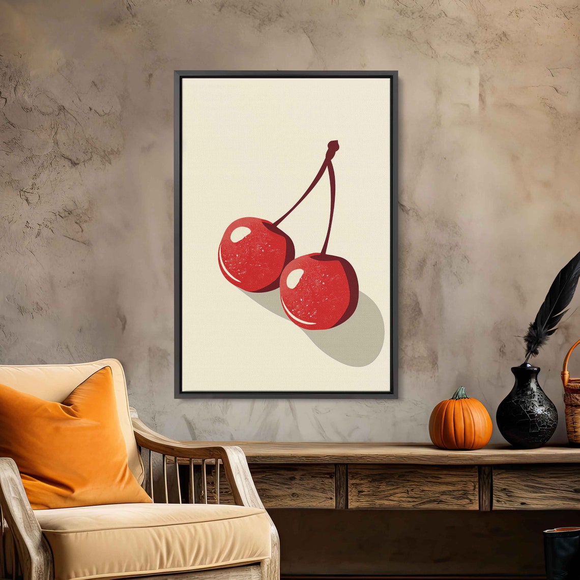 Pair Of Cherries Wall Art Print Matisse Style Simple Art Pastel Fruit Painting Ready To Hang - Image 2