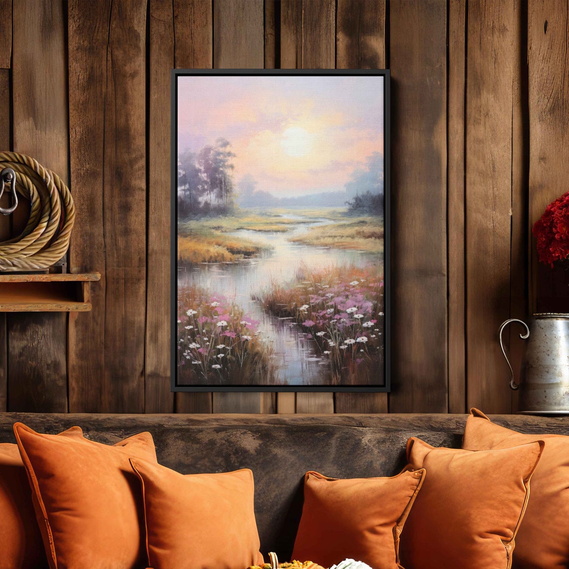 Lush Summer Meadow Sunset Wildflowers Pastel Landscape Painting Print - Image 3