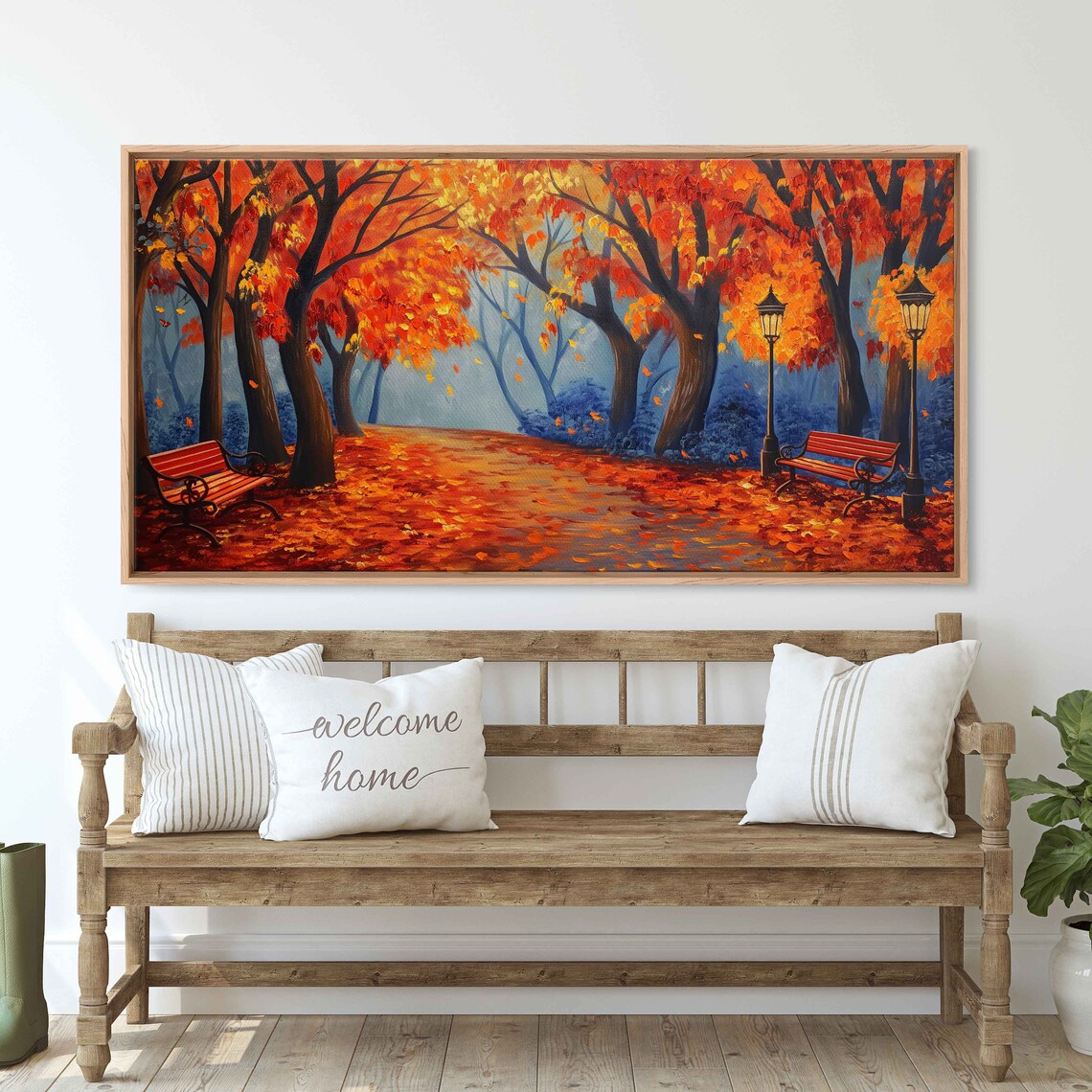 Autumn Park With Red Benches And Street Lamps Oil Painting Poster - Image 3