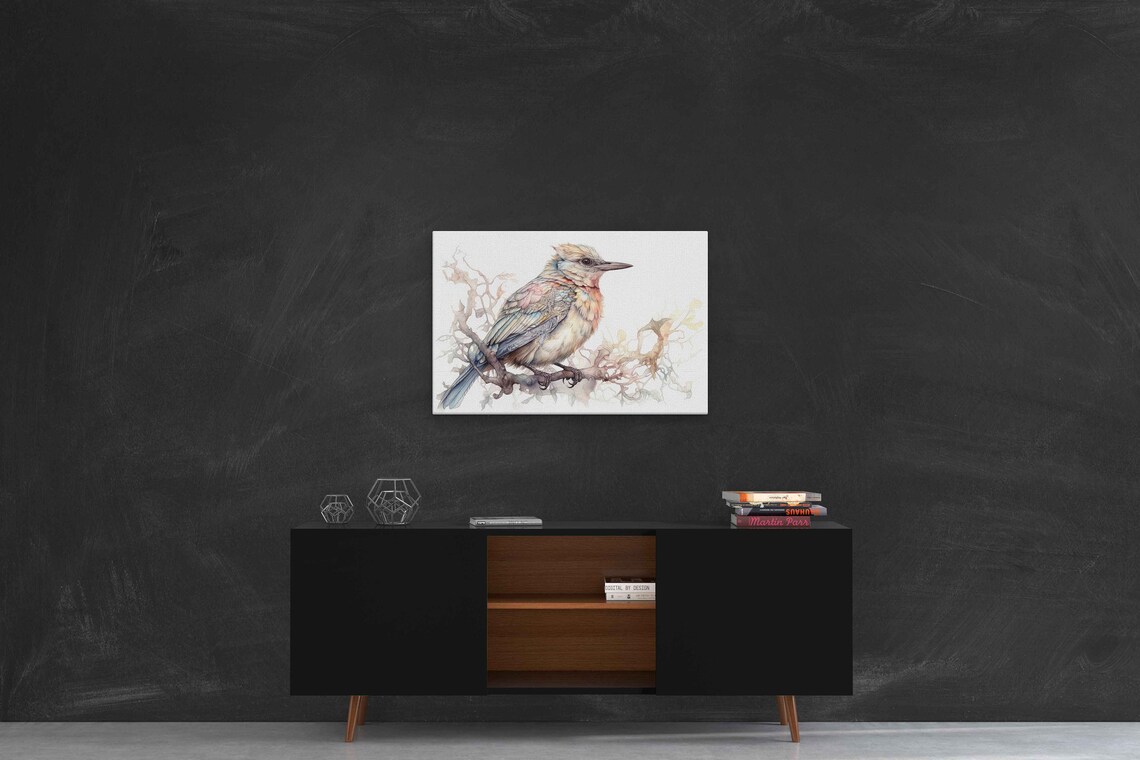 Pastel Songbird On Branch Watercolor Painting Bird Wall Art Poster - Image 2