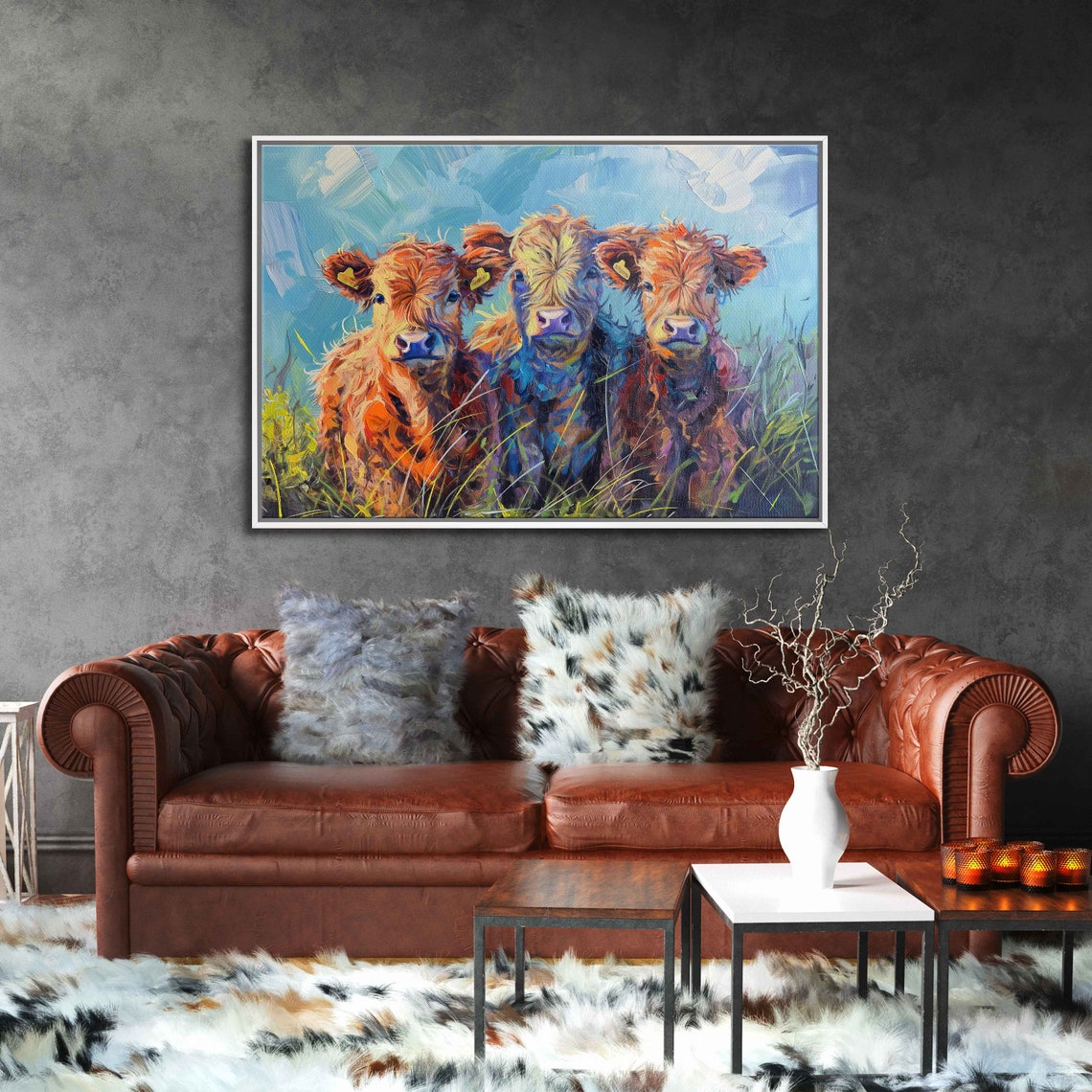 Highland Calves Trio Colorful Impressionist Acrylic Painting Poster